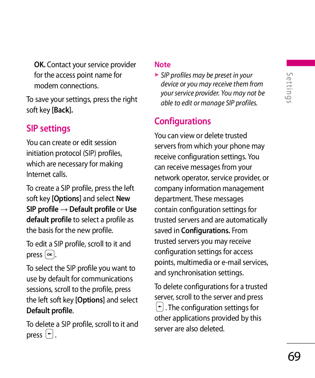 LG Electronics KT 610 manual SIP settings, Configurations, To save your settings, press the right soft key Back 