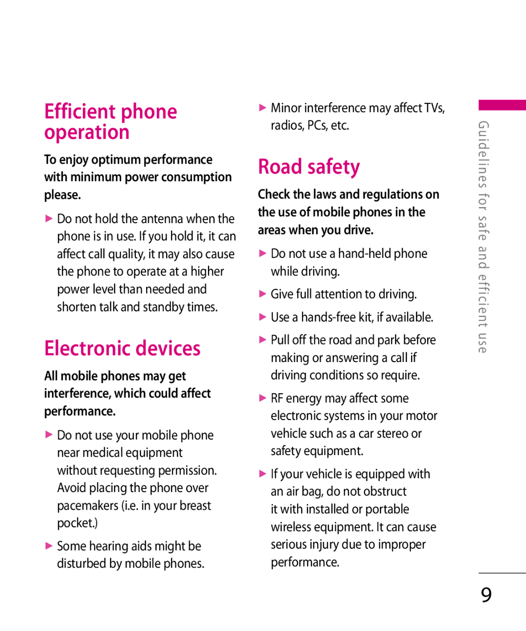 LG Electronics KT 610 manual Electronic devices, Road safety, Minor interference may affect TVs, radios, PCs, etc 