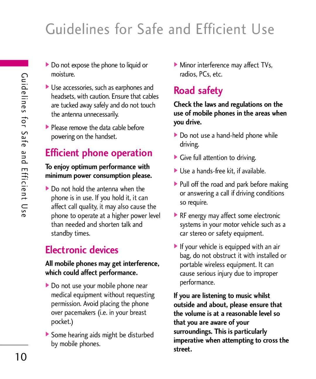 LG Electronics KU380 manual Guidelines for Safe and Efficient Use, Some hearing aids might be disturbed by mobile phones 