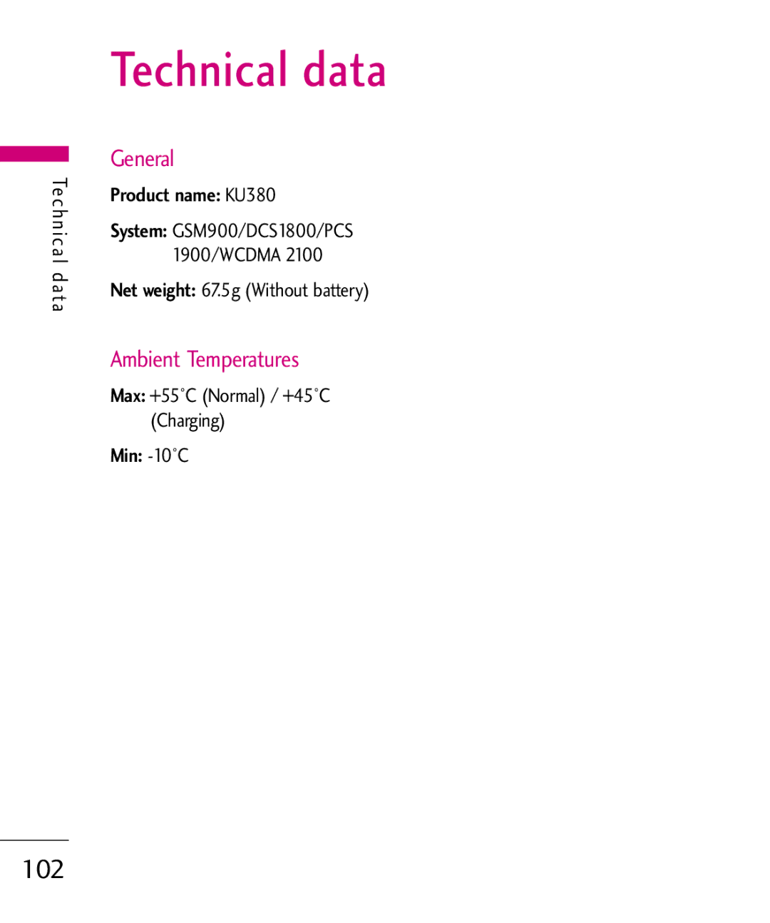 LG Electronics manual Technical data, General, Ambient Temperatures, Product name KU380, Min -10C 