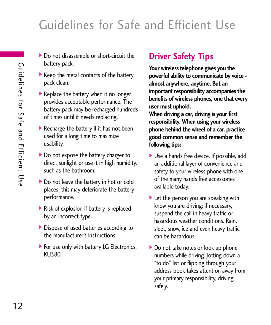 LG Electronics manual Driver Safety Tips, For use only with battery LG Electronics, KU380 