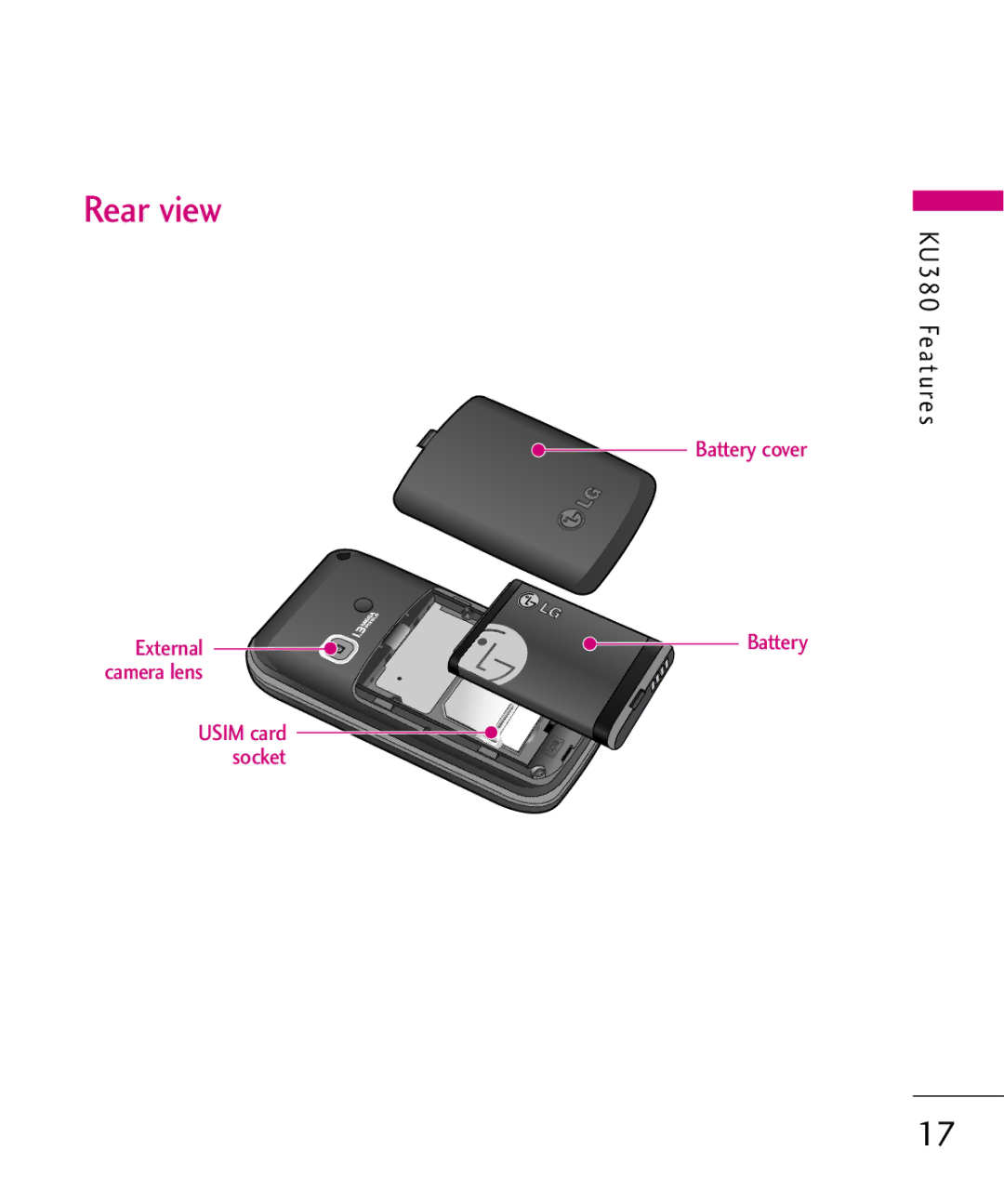 LG Electronics KU380 manual Battery, Usim card socket 