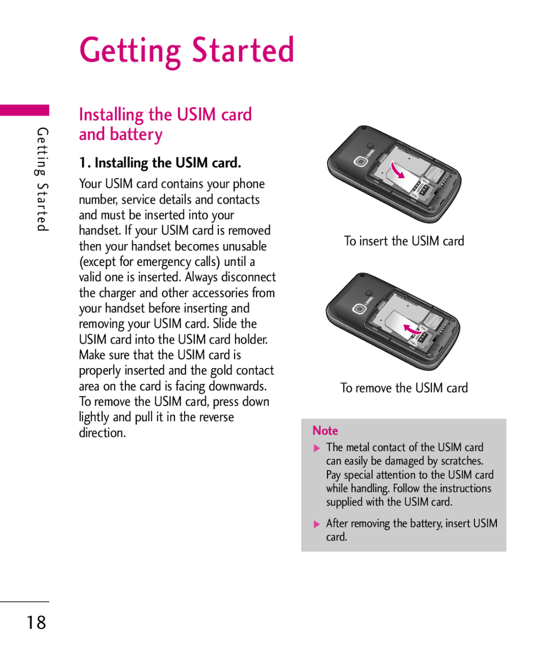 LG Electronics KU380 manual Getting Started, To insert the Usim card To remove the Usim card, Ett i n g S ta r te d 