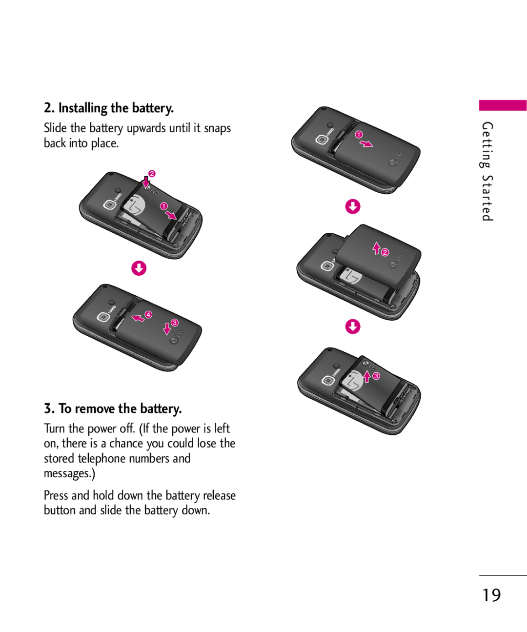 LG Electronics KU380 manual To remove the battery, Slide the battery upwards until it snaps back into place 