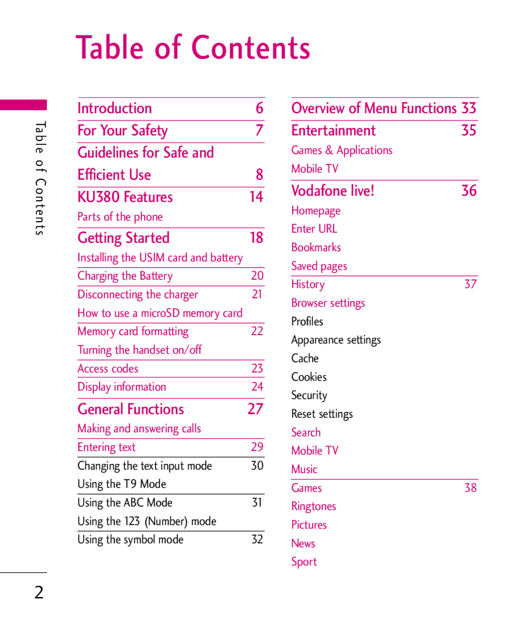 LG Electronics KU380 manual Table of Contents 