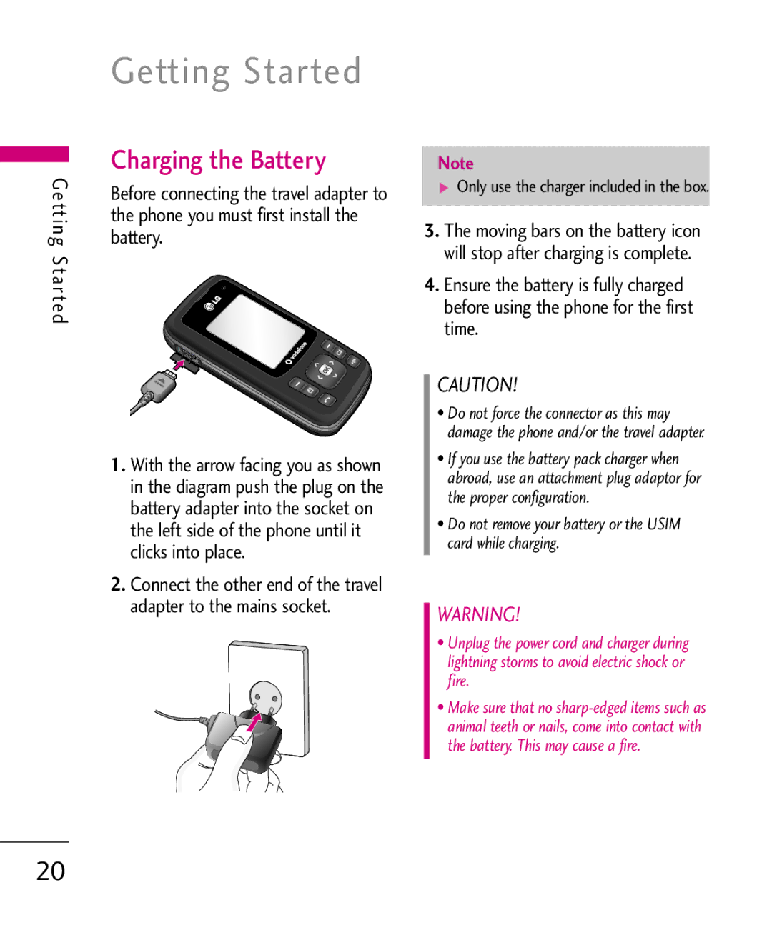 LG Electronics KU380 manual Getting Started, Charging the Battery 