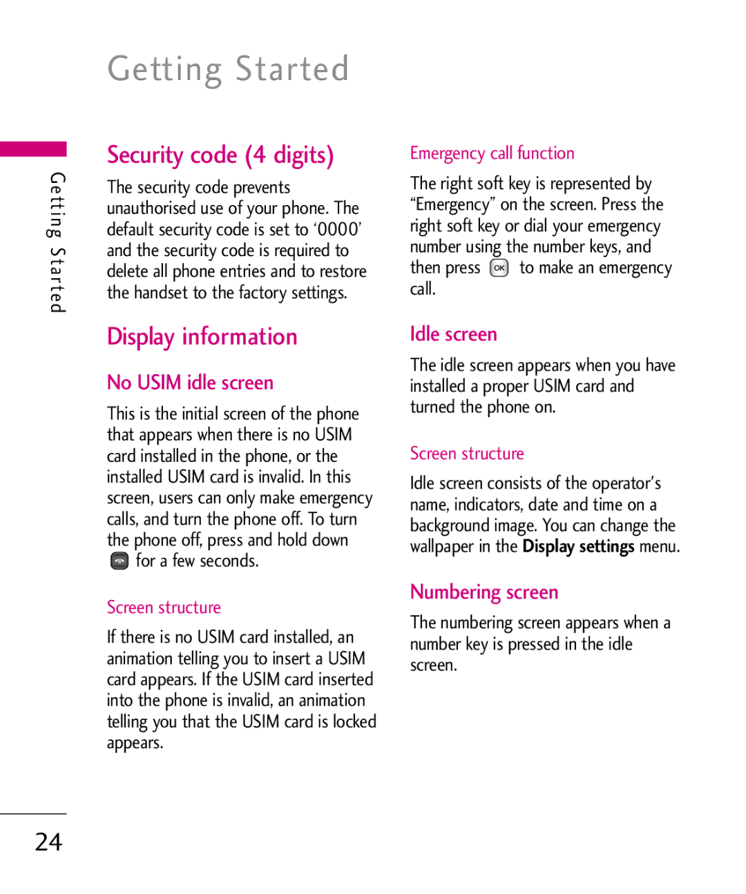 LG Electronics KU380 manual No Usim idle screen, Idle screen, Numbering screen, Then press to make an emergency call 