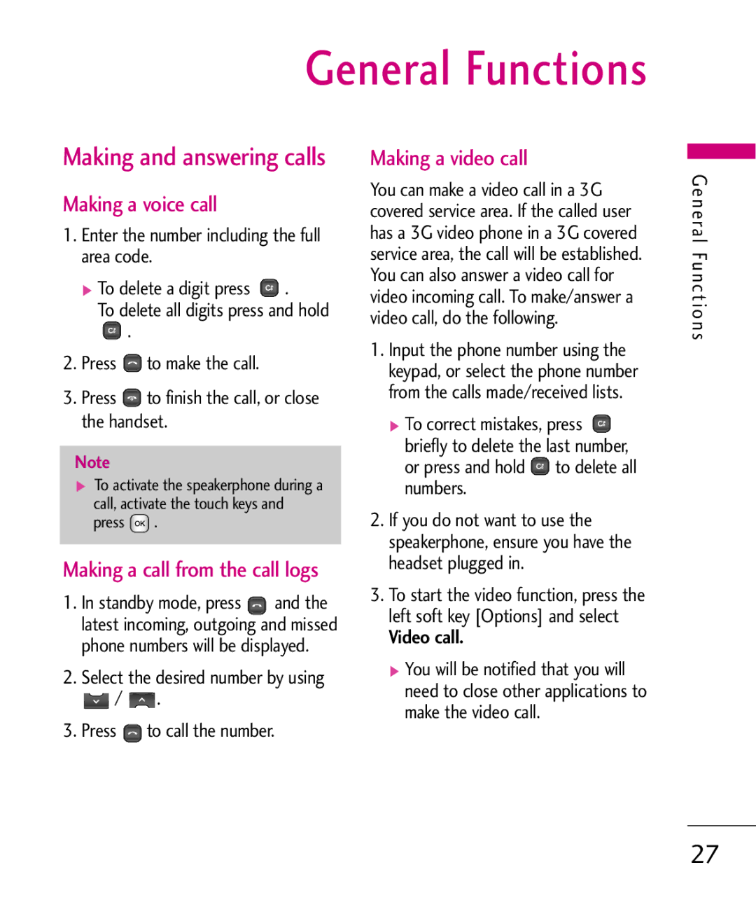 LG Electronics KU380 General Functions, Making and answering calls, Making a voice call, Making a call from the call logs 