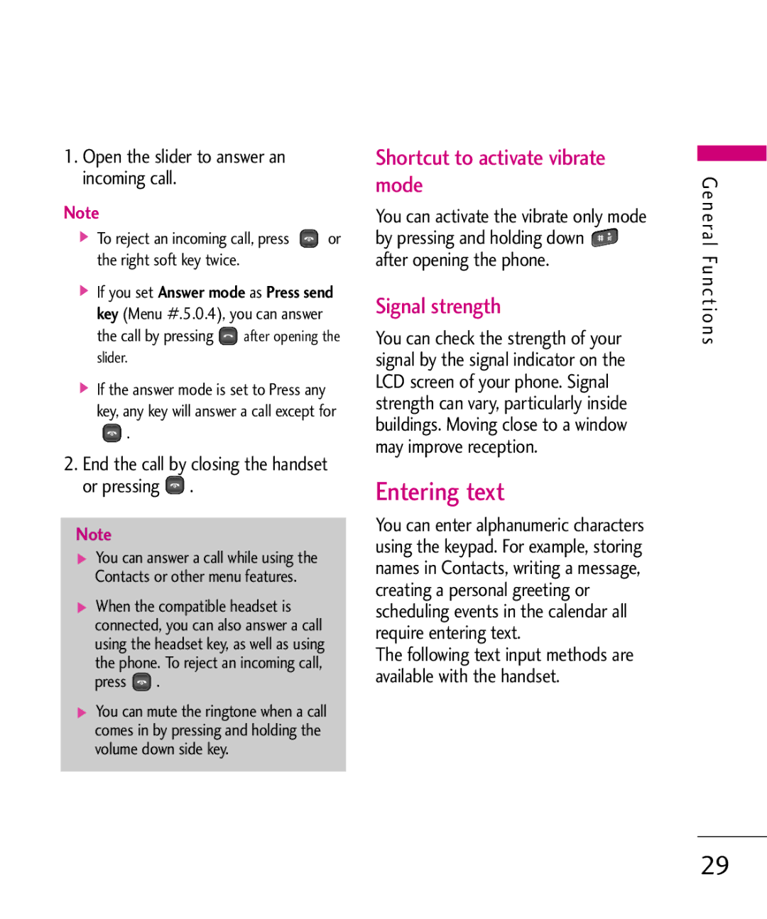 LG Electronics KU380 manual Shortcut to activate vibrate mode, Signal strength, Open the slider to answer an incoming call 