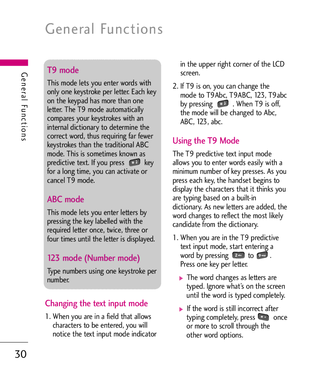 LG Electronics KU380 manual T9 mode, ABC mode, Mode Number mode, Changing the text input mode, Using the T9 Mode 