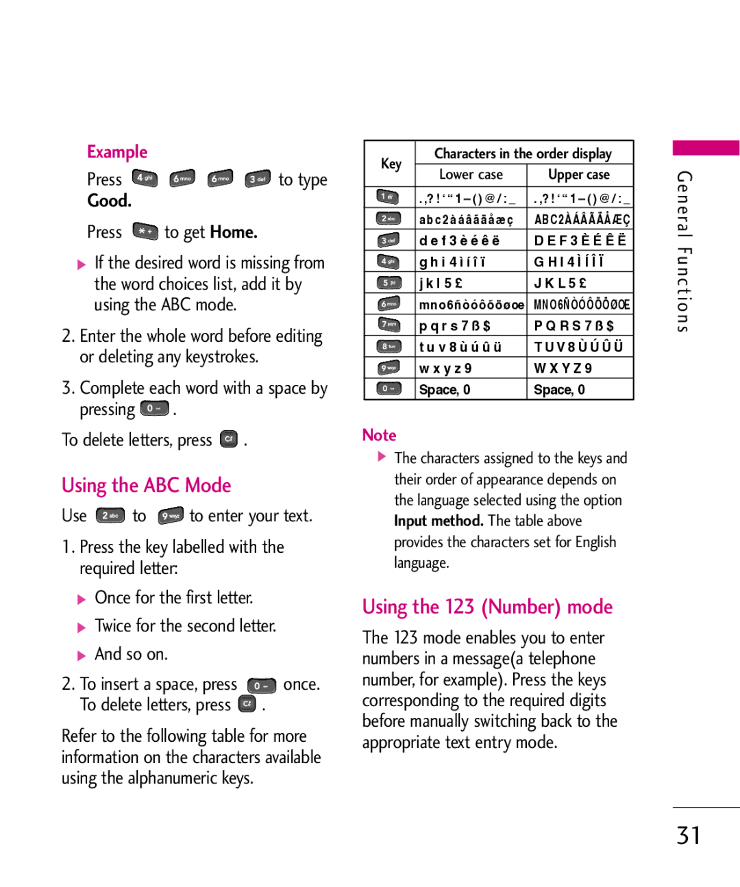 LG Electronics KU380 manual Using the ABC Mode, Using the 123 Number mode, Good 