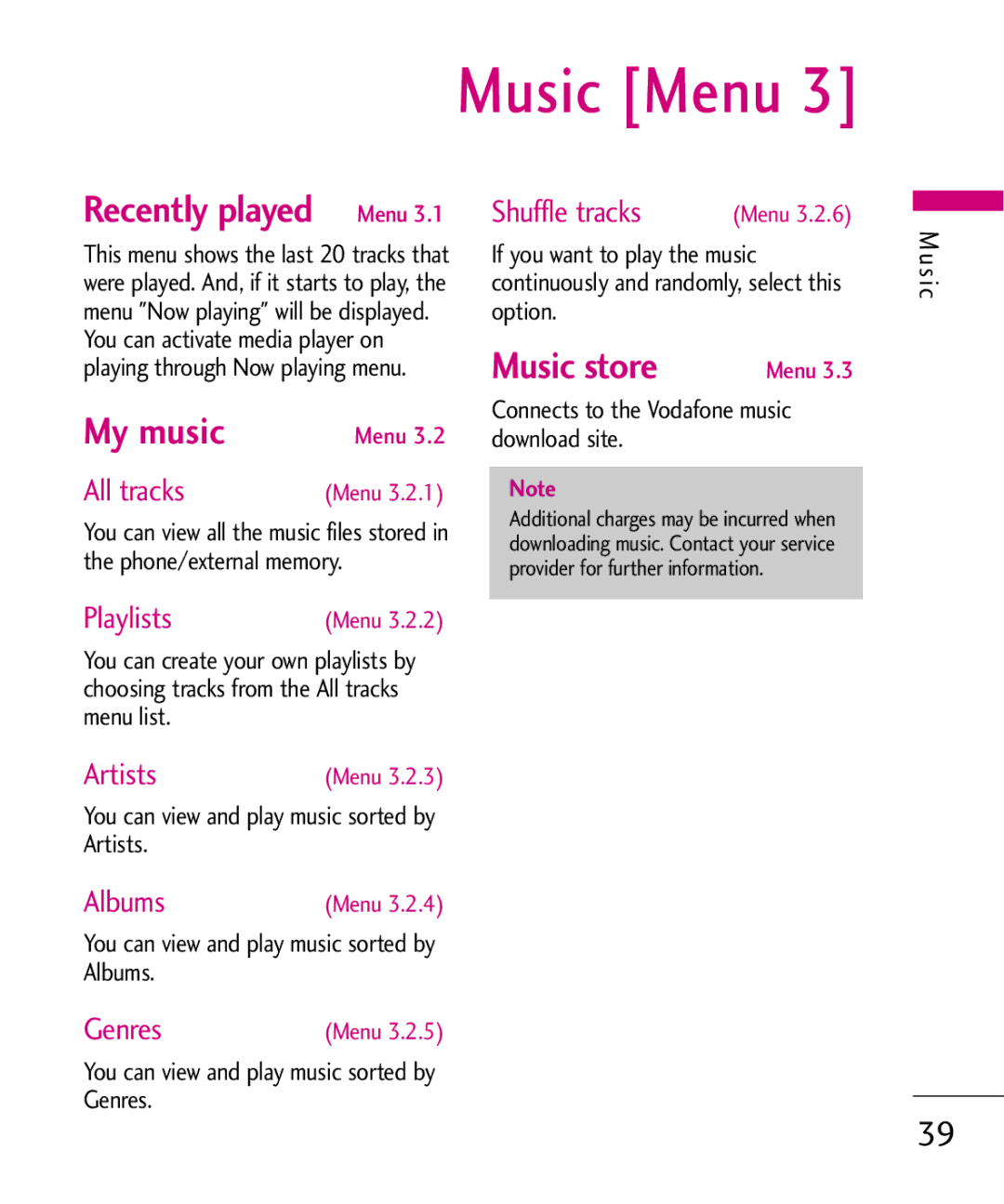 LG Electronics KU380 manual Music Menu, Recently played Menu, My music, Music store 