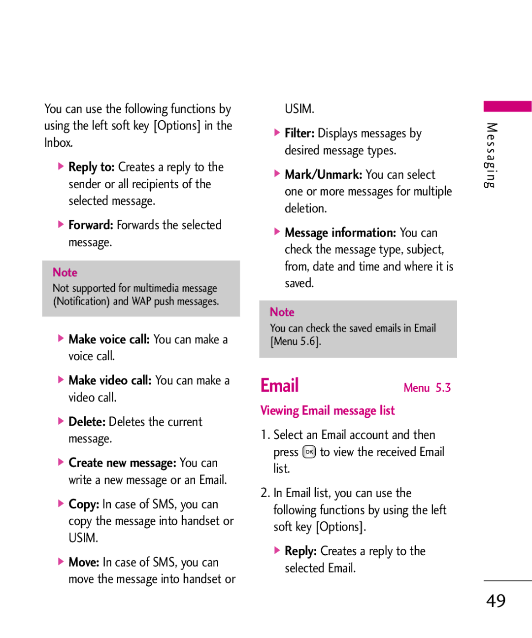 LG Electronics KU380 manual Forward Forwards the selected message, Delete Deletes the current message 