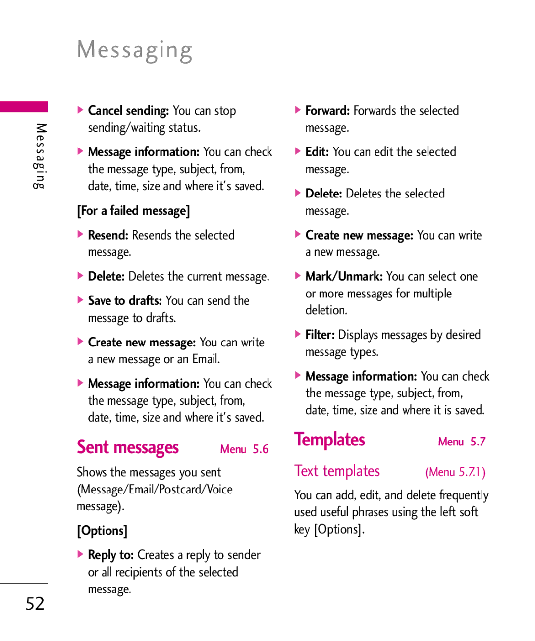 LG Electronics KU380 manual Templates, Text templates, For a failed message, Resend Resends the selected message, Options 