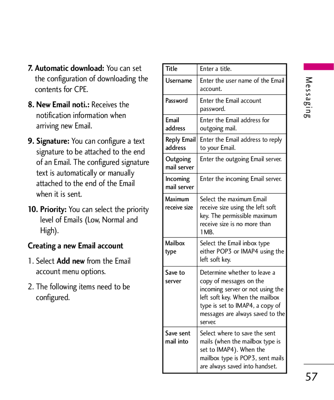 LG Electronics KU380 manual Creating a new Email account, Following items need to be configured 