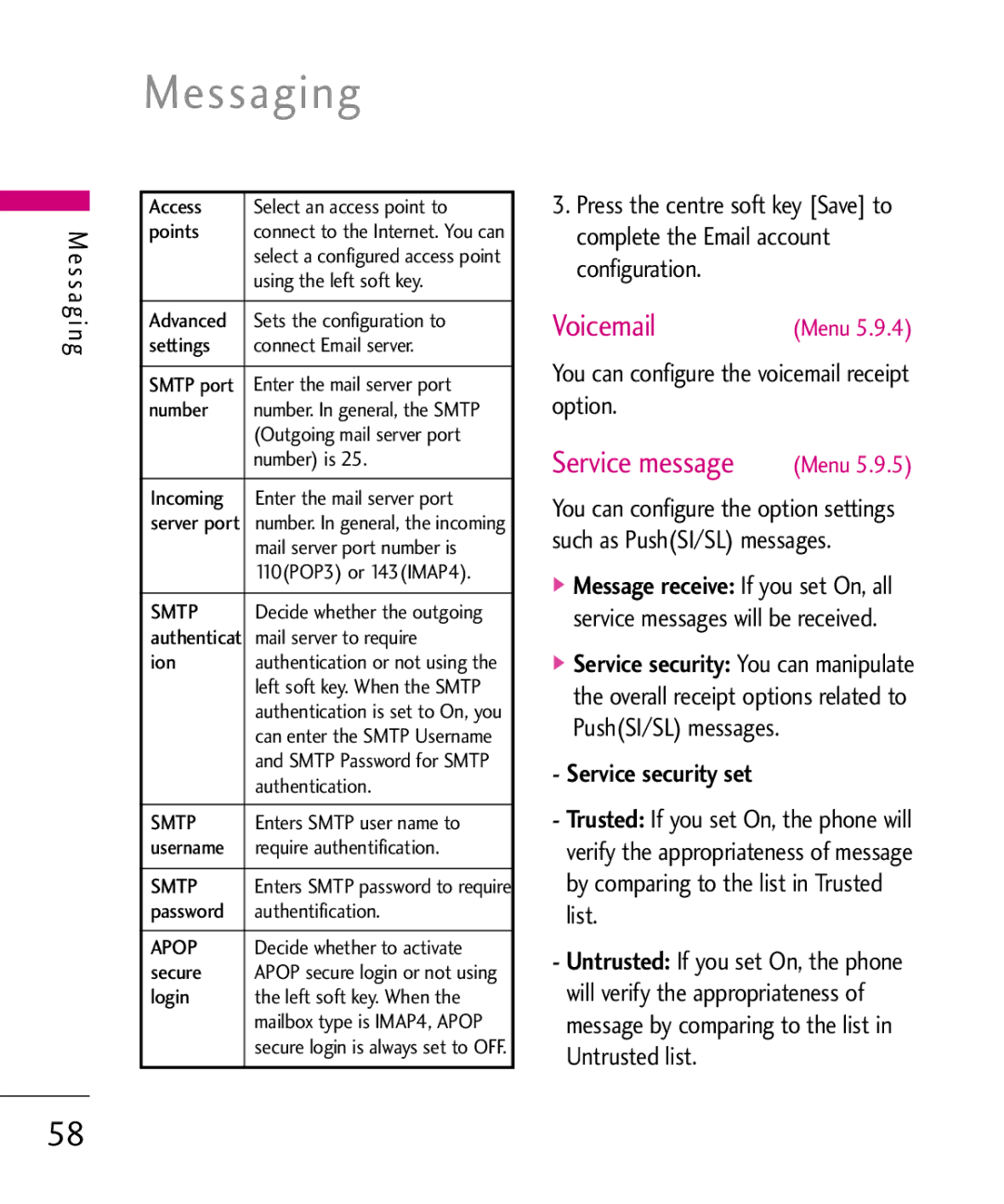 LG Electronics KU380 Voicemail, Service message, You can configure the voicemail receipt option, Service security set 