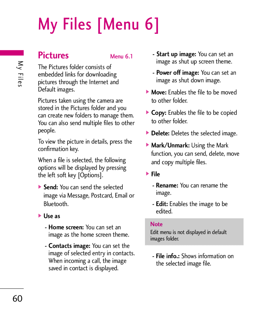 LG Electronics KU380 My Files Menu, Use as, File Rename You can rename the image, Edit Enables the image to be edited 