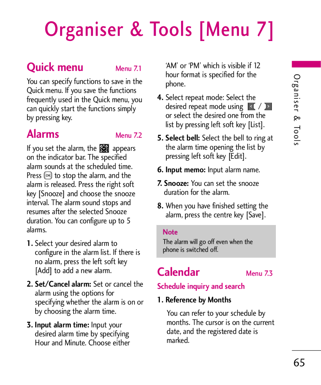 LG Electronics KU380 manual Organiser & Tools Menu, Quick menu, Alarms, Calendar, Reference by Months 
