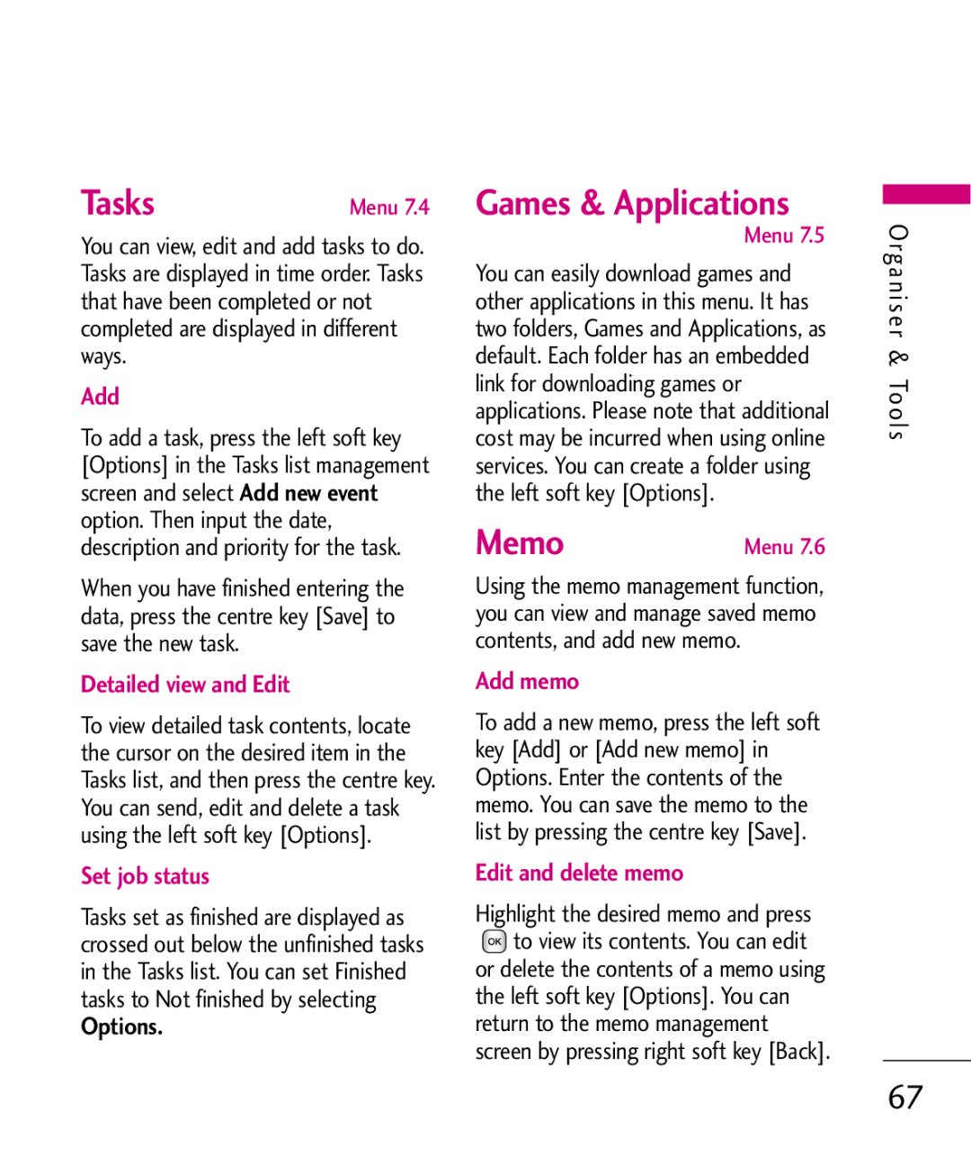 LG Electronics KU380 manual Tasks, Memo 