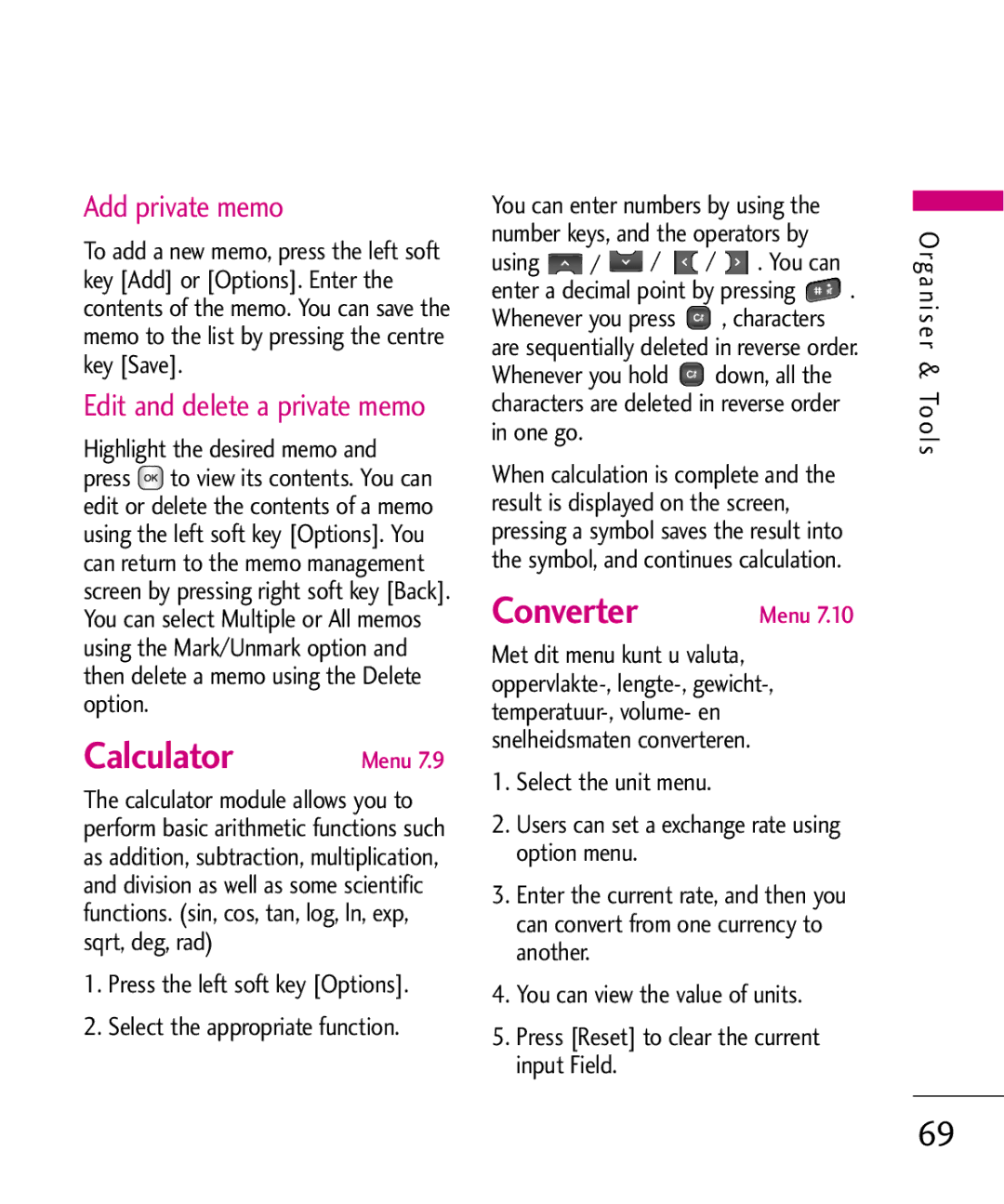 LG Electronics KU380 manual Calculator, Converter, Add private memo, Edit and delete a private memo, Using / / / . You can 