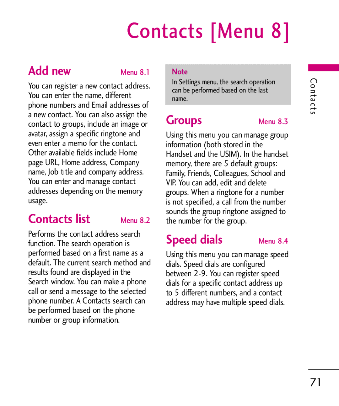 LG Electronics KU380 manual Contacts Menu, Add new, Contacts list, Groups, Speed dials 