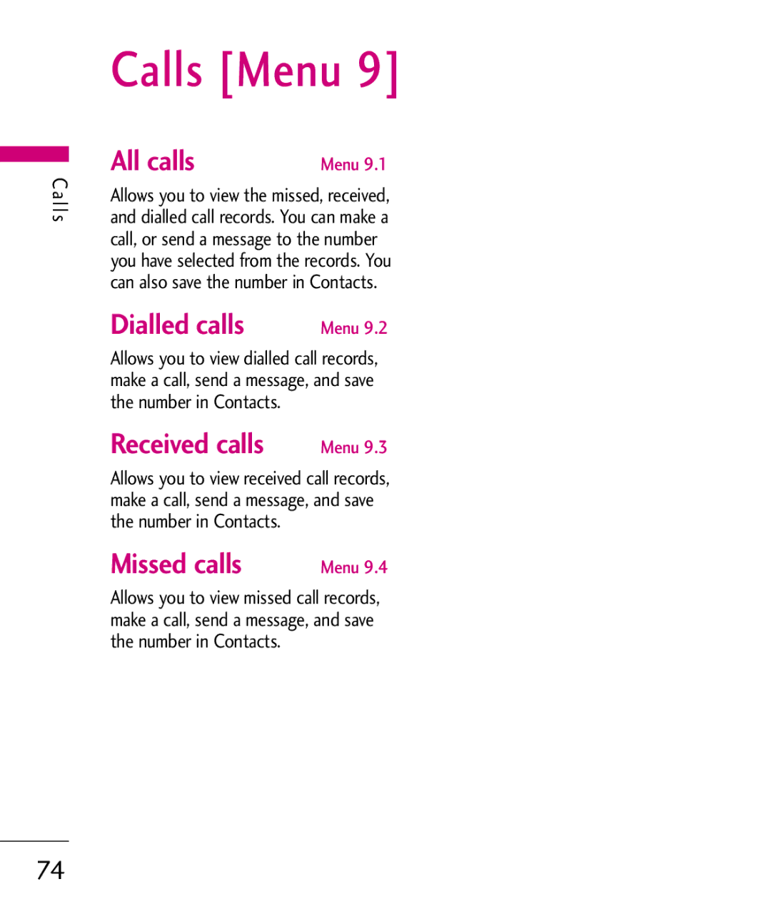 LG Electronics KU380 manual Calls Menu, All calls, Dialled calls, Missed calls, L l s 