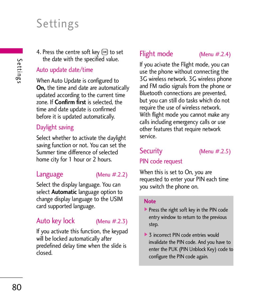 LG Electronics KU380 manual Settings, Language, Auto key lock, Flight mode 