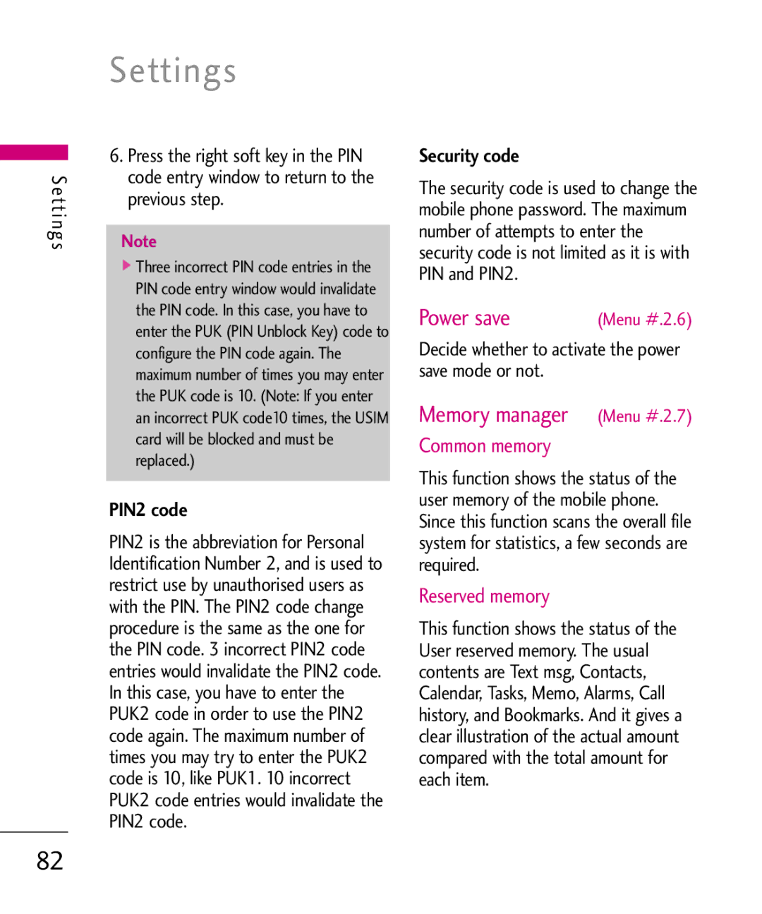 LG Electronics KU380 manual Power save, Memory manager Menu #.2.7, Common memory, Reserved memory 