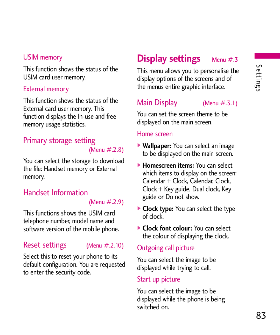 LG Electronics KU380 manual Display settings Menu #.3, Primary storage setting, Handset Information, Main Display 