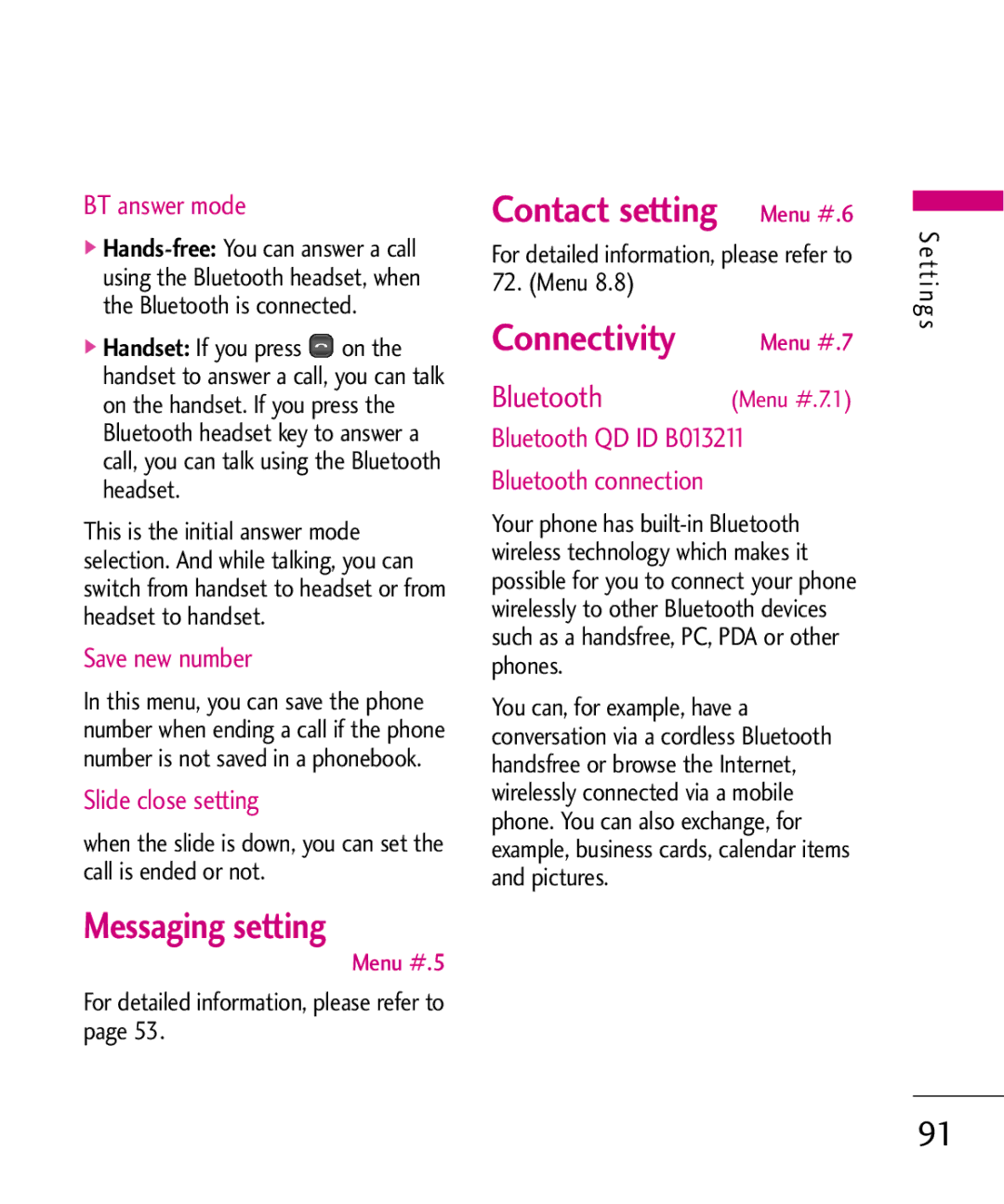 LG Electronics KU380 manual Messaging setting, Contact setting Menu #.6, Connectivity, Bluetooth 