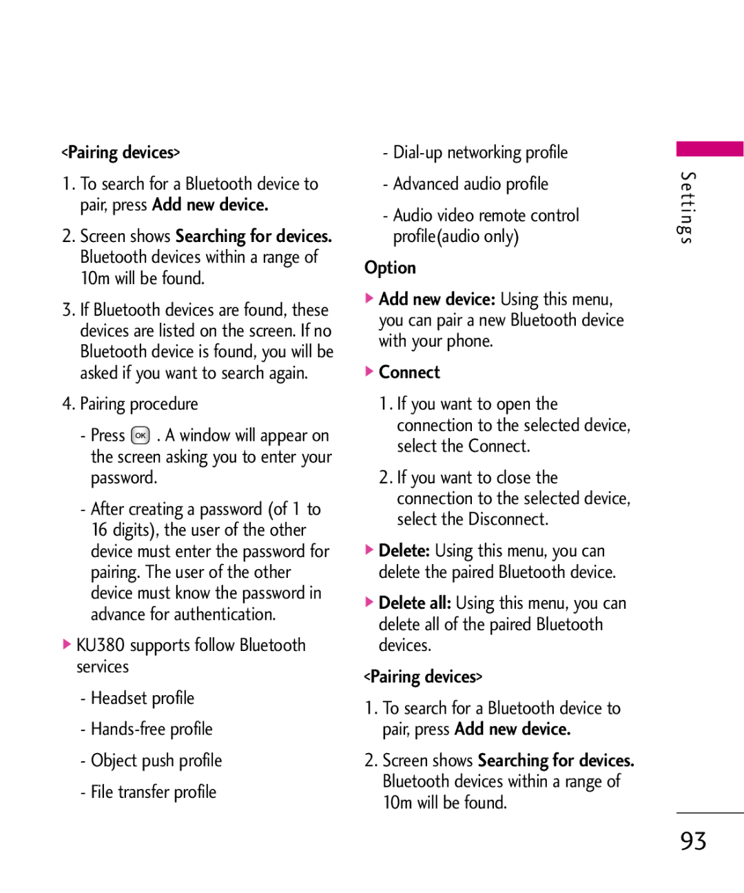 LG Electronics KU380 manual Pairing devices, Pairing procedure, Option, Connect 