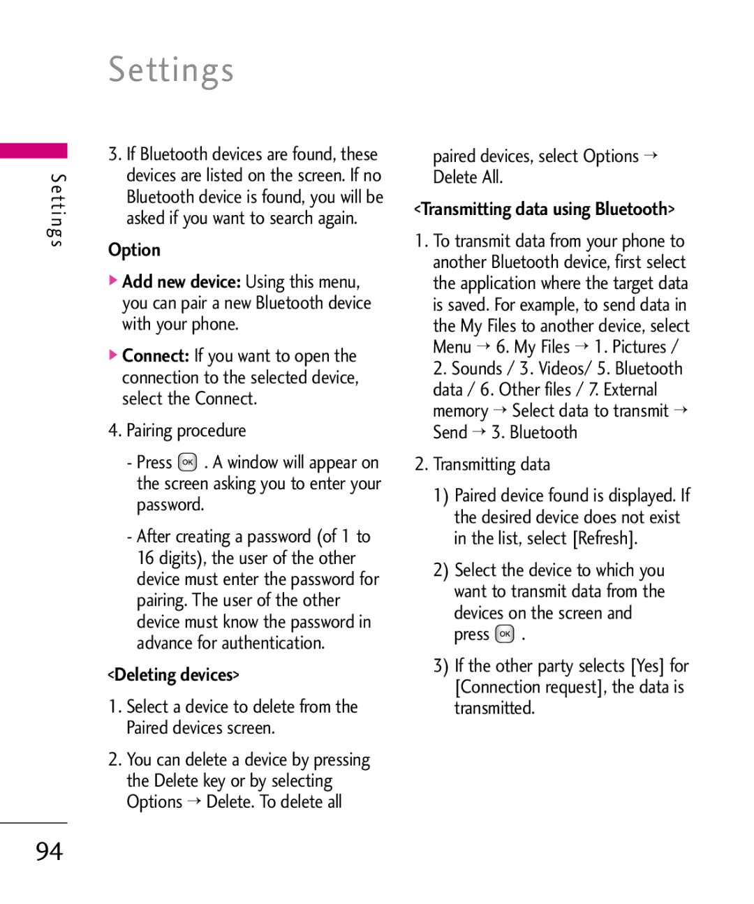 LG Electronics KU380 manual Deleting devices, Paired devices, select Options Delete All, Transmitting data 