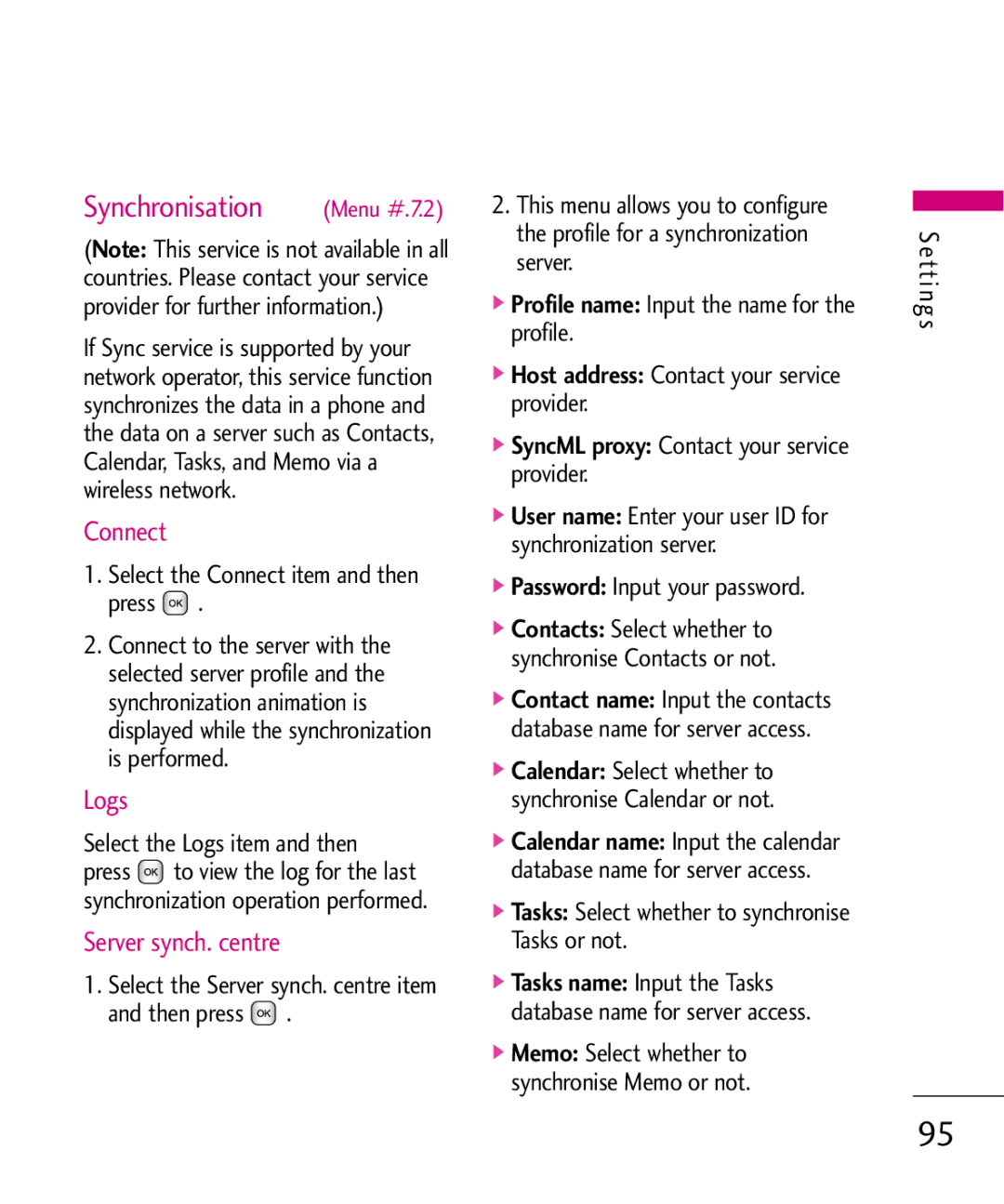 LG Electronics KU380 manual Synchronisation, Connect, Logs, Server synch. centre 