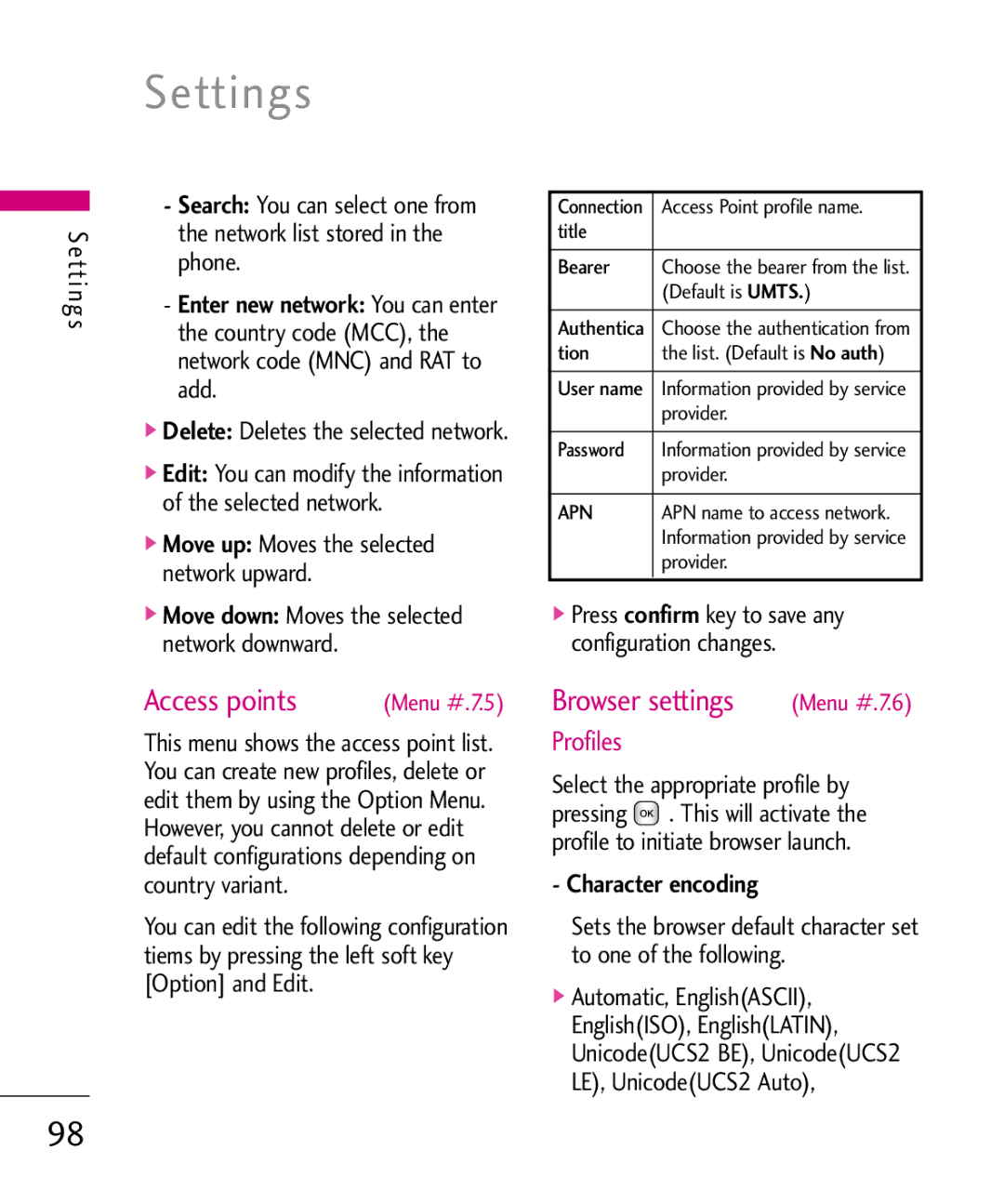 LG Electronics KU380 manual Access points, Browser settings, Profiles, Character encoding 