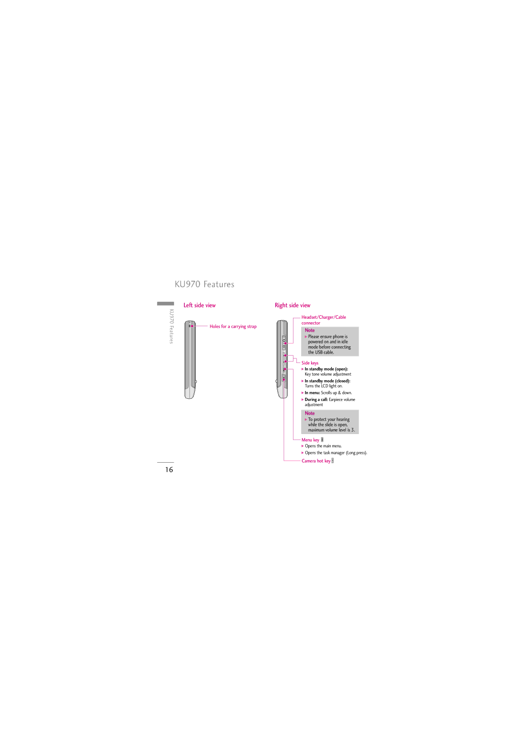 LG Electronics manual KU970 Features, Left side view 