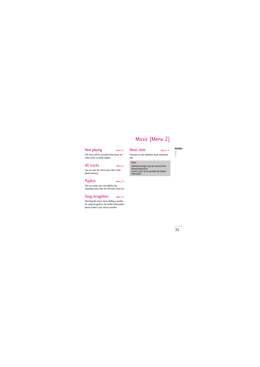 LG Electronics KU970 manual Music Menu, Now playing, All tracks, Playlists, Music store 