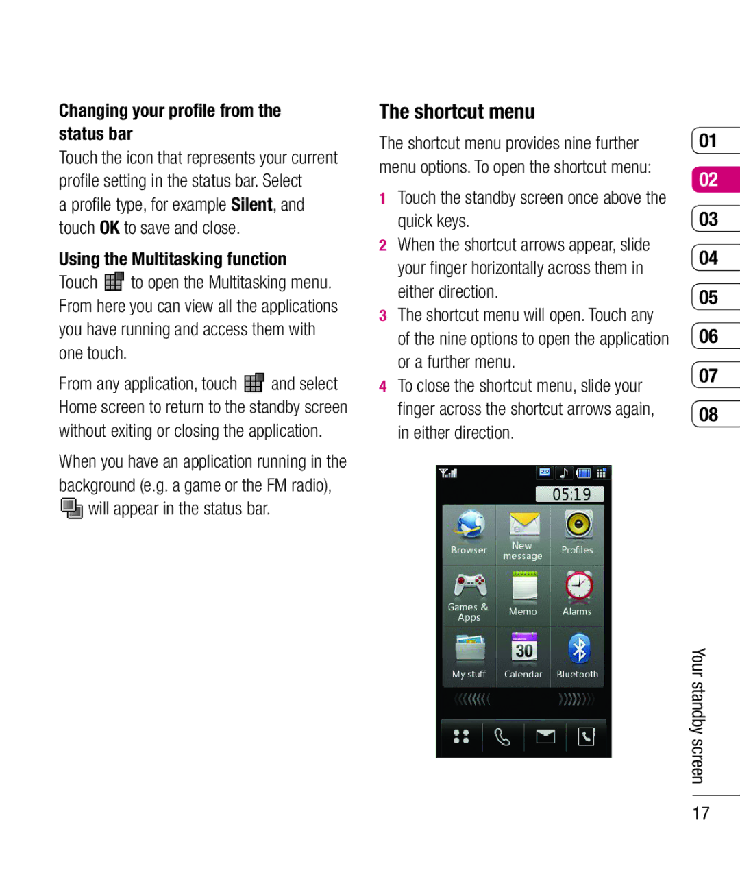 LG Electronics KU990 manual Shortcut menu, Changing your proﬁle from the status bar 