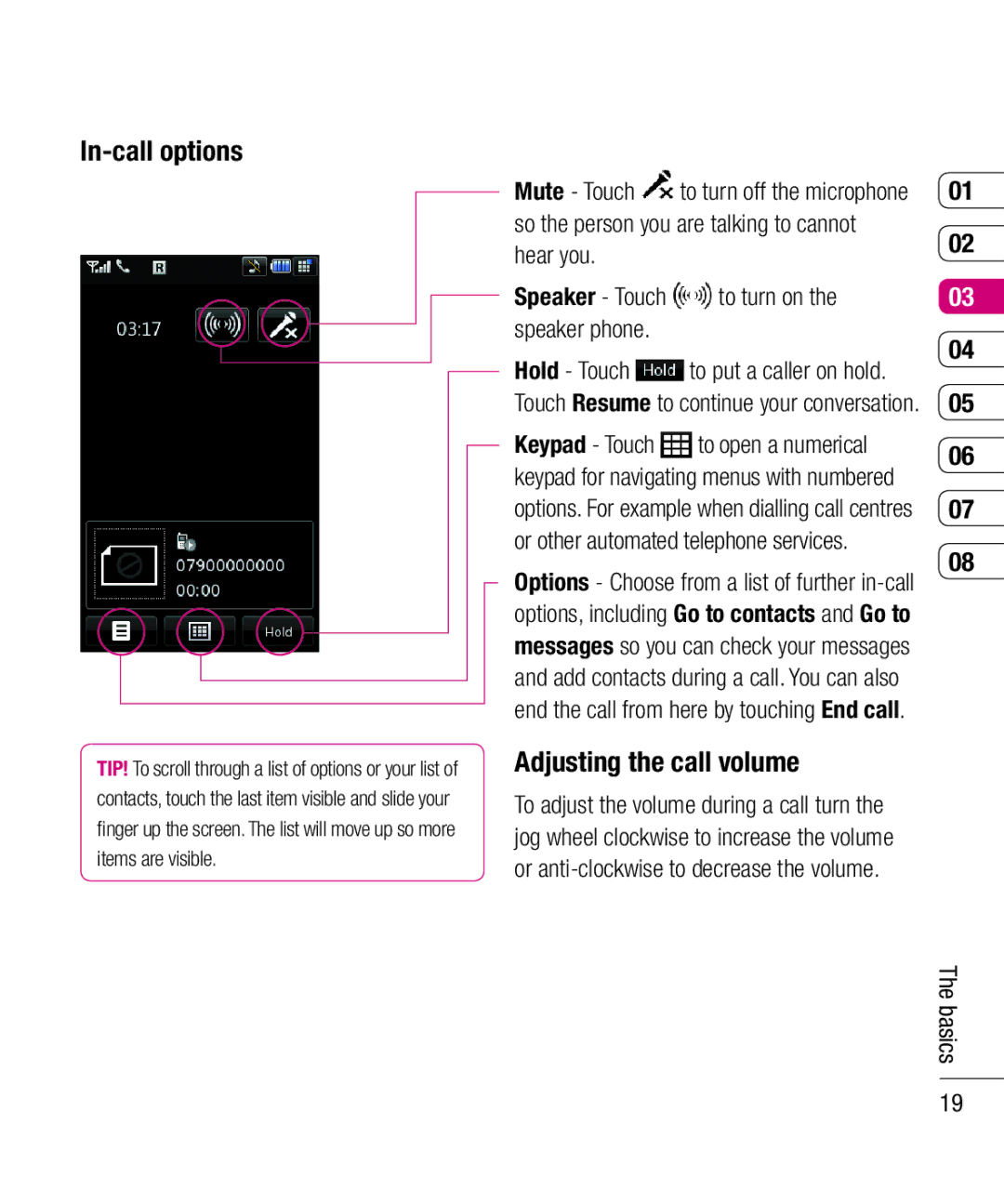 LG Electronics KU990 manual In-call options, Adjusting the call volume 