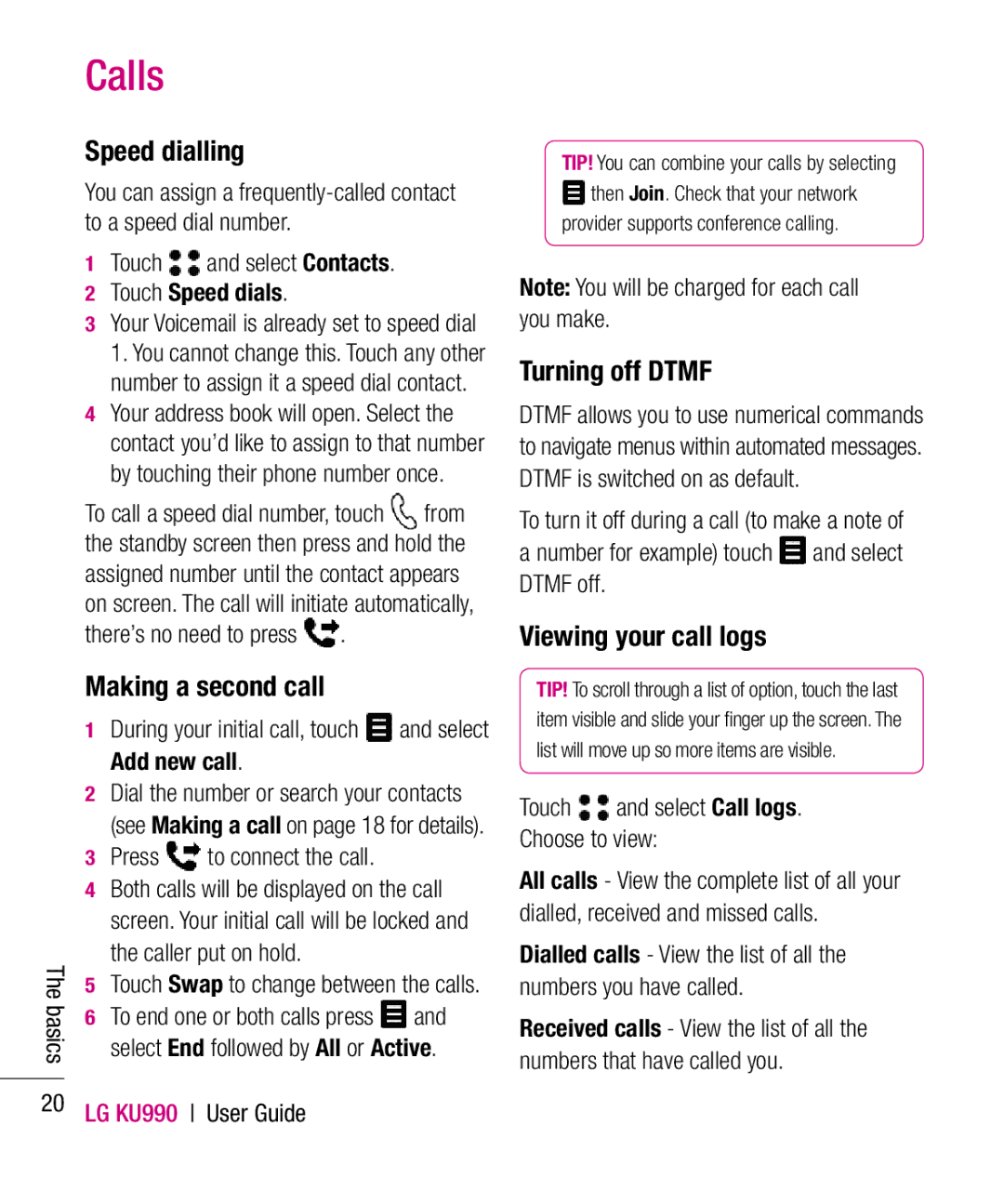 LG Electronics KU990 manual Speed dialling, Making a second call, Turning off Dtmf, Viewing your call logs 