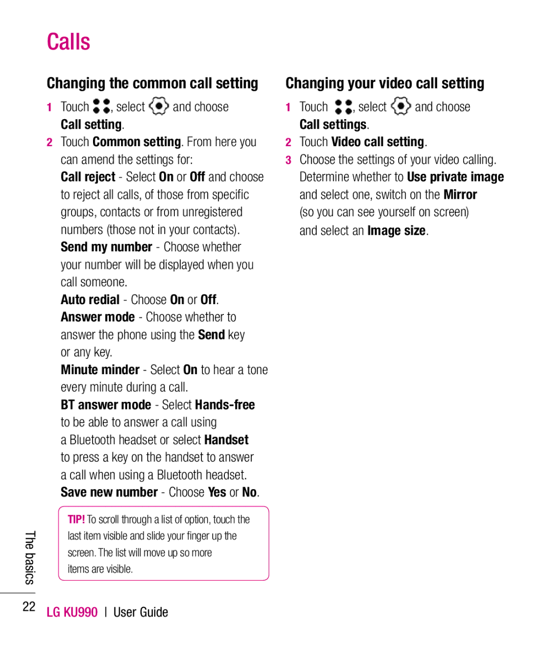 LG Electronics KU990 manual Changing the common call setting, Changing your video call setting 