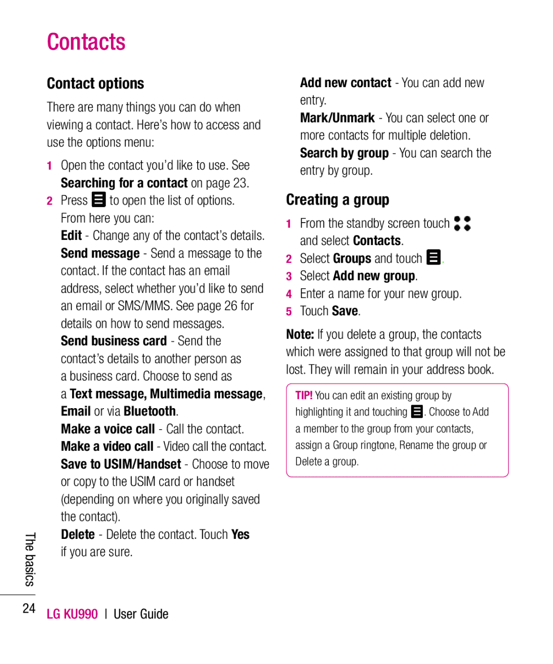 LG Electronics KU990 manual Contact options, Creating a group 