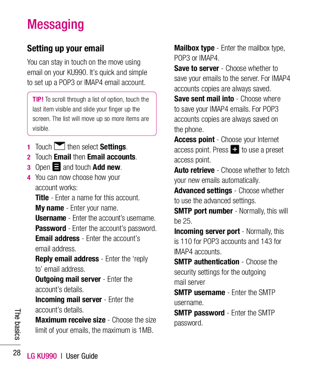 LG Electronics KU990 manual Setting up your email 