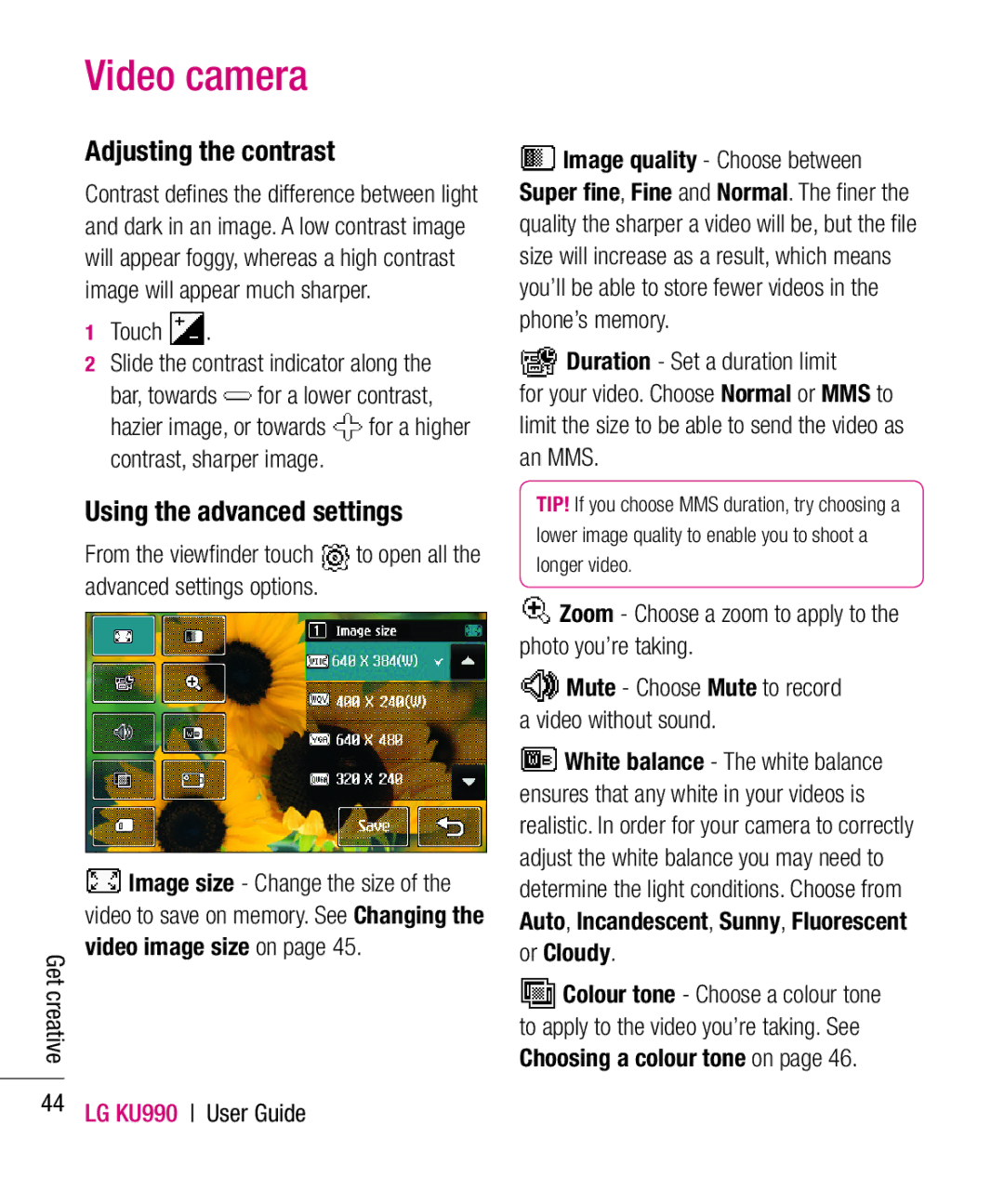 LG Electronics KU990 manual Touch Slide the contrast indicator along, Video image size on 