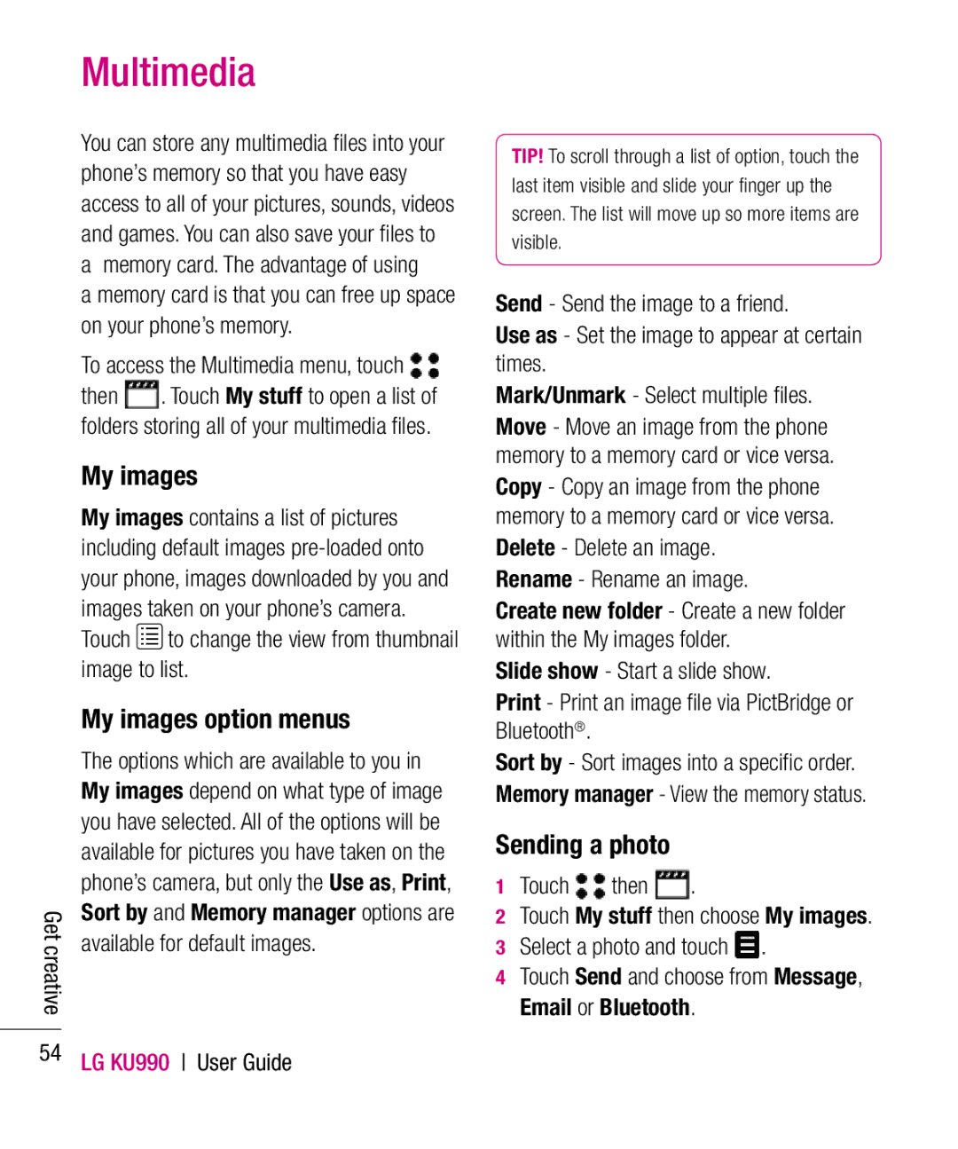LG Electronics KU990 manual Multimedia, My images option menus, Sending a photo 
