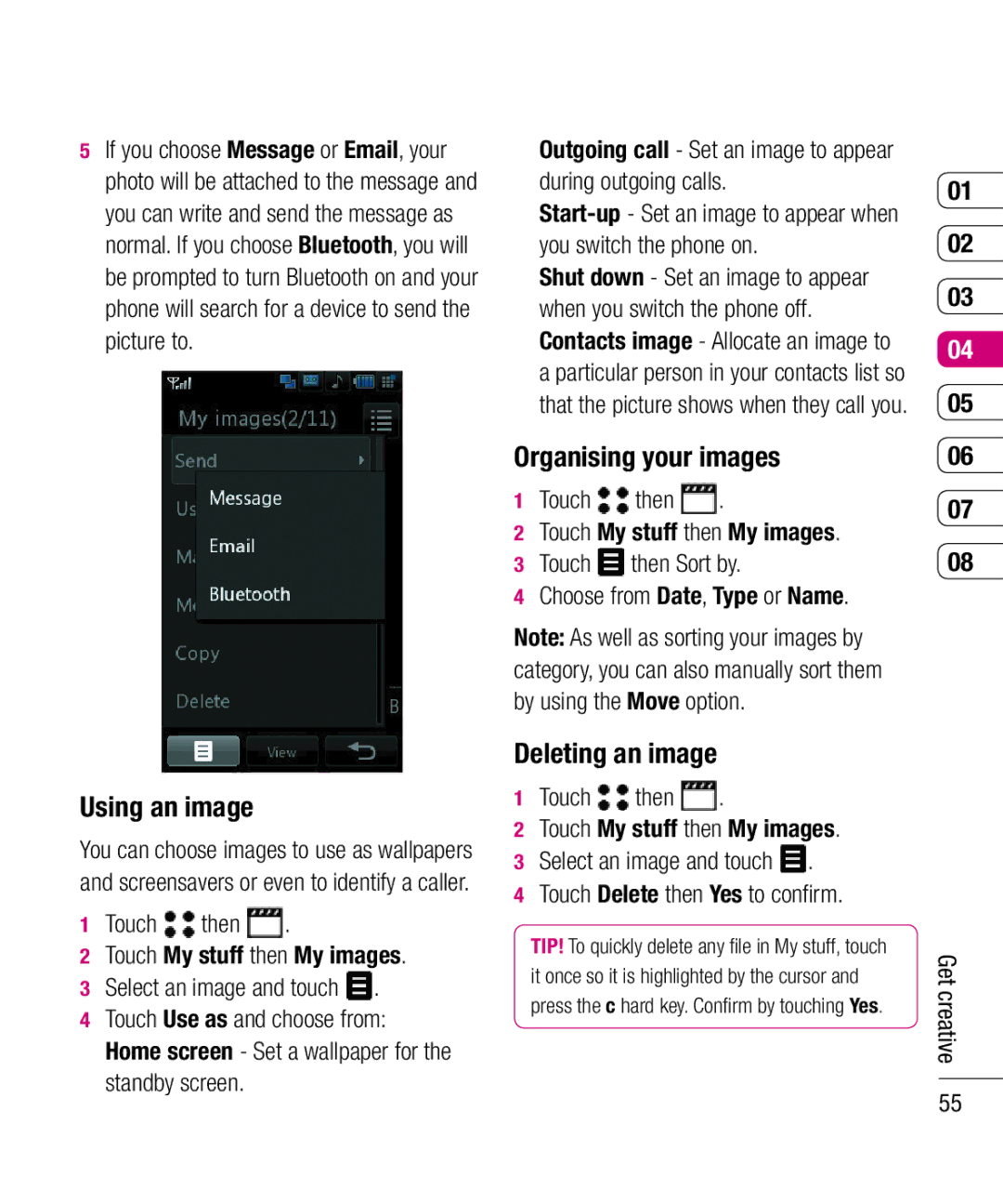 LG Electronics KU990 manual Using an image, Organising your images, Deleting an image 