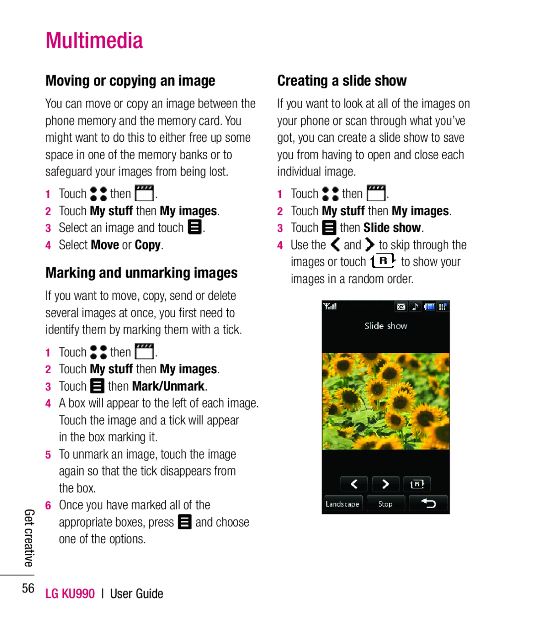 LG Electronics KU990 manual Moving or copying an image, Marking and unmarking images, Creating a slide show 