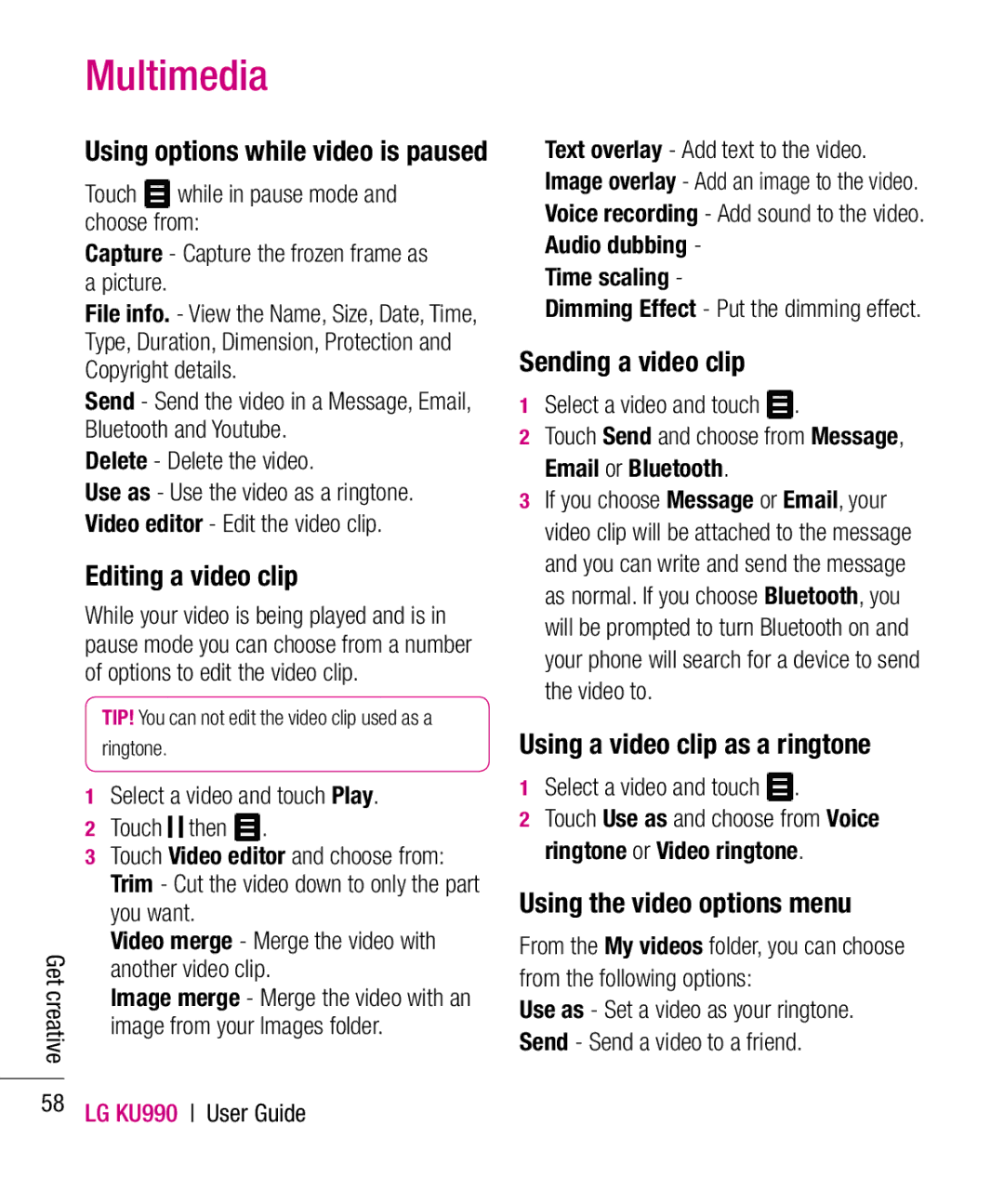 LG Electronics KU990 manual Using options while video is paused, Editing a video clip, Sending a video clip 