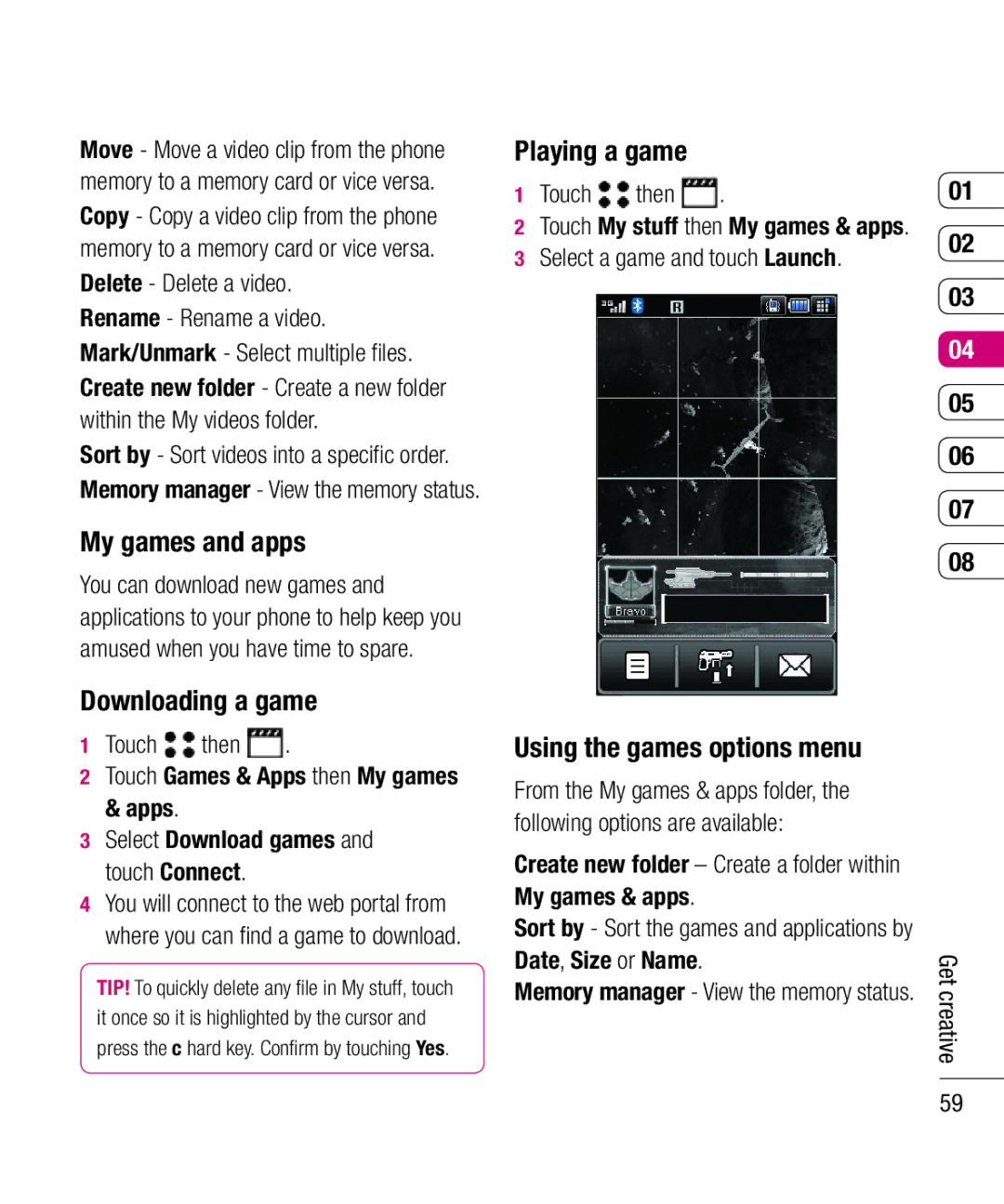 LG Electronics KU990 manual My games and apps, Downloading a game, Playing a game, Using the games options menu 