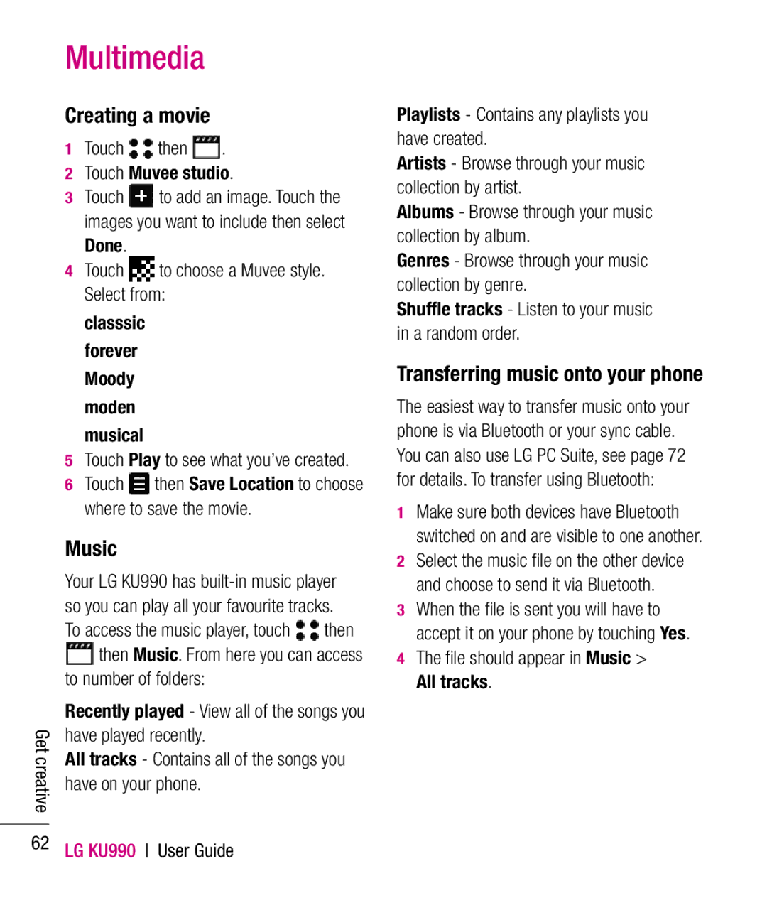 LG Electronics KU990 manual Creating a movie, Music, Transferring music onto your phone 