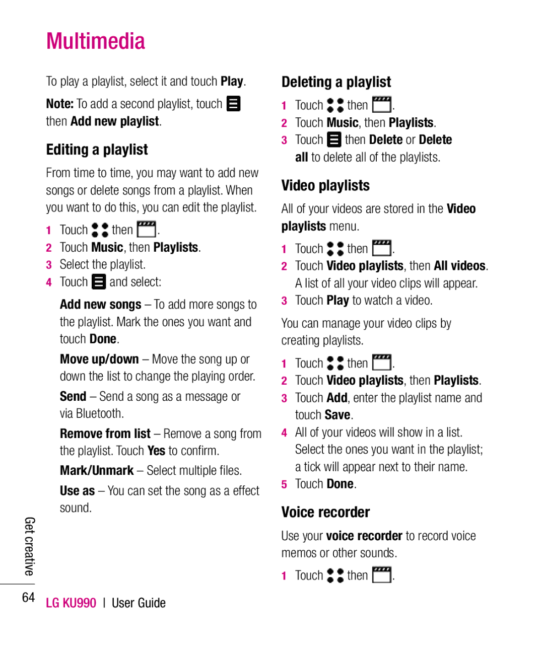 LG Electronics KU990 manual Editing a playlist, Deleting a playlist, Video playlists, Voice recorder 